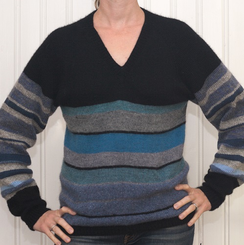 V-neck example in wool with positive ease and waist-hip shaping